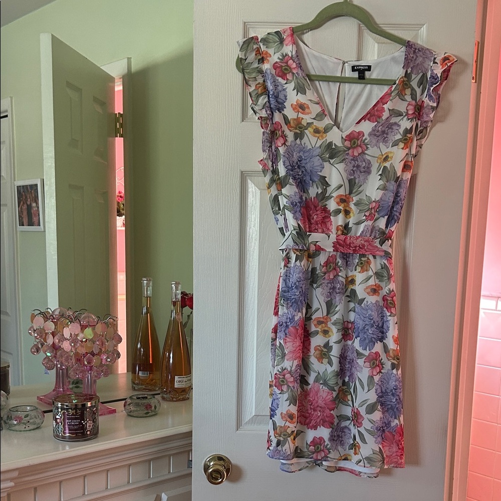 Express White Floral Mini Dress with Pink & Purple Yellow and Green Blossoms